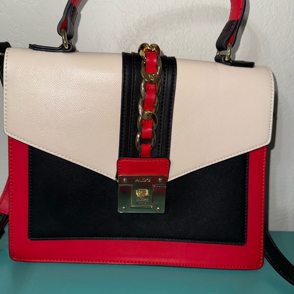 Aldo Cream, Black, and Red Satchel